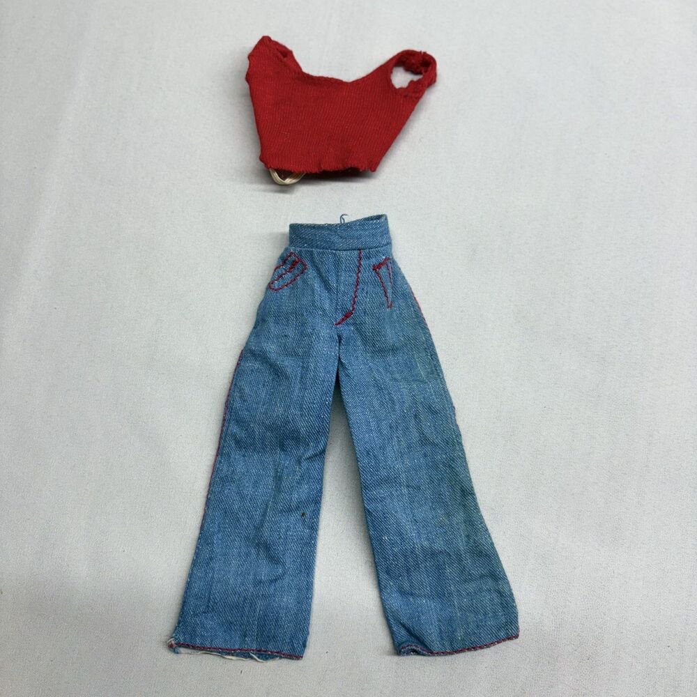 Barbie 7818 Jeans Set Doll 11.5in Blue Red Fair Vintage 1970s Flare Crop Top